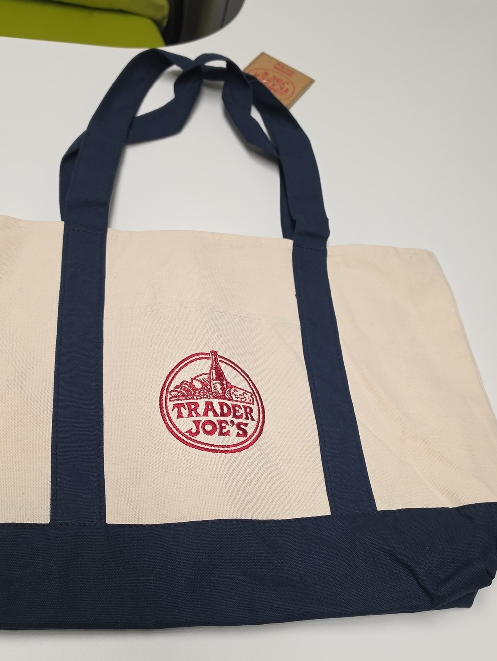 Large Trader Joe's Canvas Tote Bag in Natural and Navy